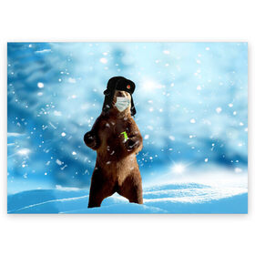 Поздравительная открытка с принтом Зимний мишка в реалиях 2020 г. в Тюмени, 100% бумага | плотность бумаги 280 г/м2, матовая, на обратной стороне линовка и место для марки
 | Тематика изображения на принте: зима | маска | медведь | новый год