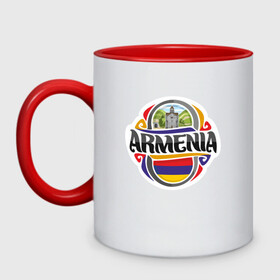 Кружка двухцветная с принтом Армения в Тюмени, керамика | объем — 330 мл, диаметр — 80 мм. Цветная ручка и кайма сверху, в некоторых цветах — вся внутренняя часть | armenia | арарат | армения | герб | горы | лев | страна | флаг | шашлык
