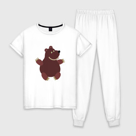 Женская пижама хлопок с принтом Мишка в Тюмени, 100% хлопок | брюки и футболка прямого кроя, без карманов, на брюках мягкая резинка на поясе и по низу штанин | бурый медведь | бурый мишка | гризли | зубастик | косолапый | медвед | медведи | медведь | медвежата | медвежонок | мишка | мишки | россия | русский | сибирь