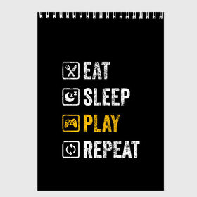 Скетчбук с принтом Eat Sleep Play Repeat в Тюмени, 100% бумага
 | 48 листов, плотность листов — 100 г/м2, плотность картонной обложки — 250 г/м2. Листы скреплены сверху удобной пружинной спиралью | art | food | gamepad | games | inscription | joystick | schedule | sleep | text | арт | джойстик | еда | игры | надпись | расписание | сон | текст