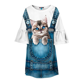 Детское платье 3D с принтом КОТЕНОК В КАРМАНЕ в Тюмени, 100% полиэстер | прямой силуэт, чуть расширенный к низу. Круглая горловина, на рукавах — воланы | Тематика изображения на принте: cat | барсик | девочкам | джинсы | карман | киса | комбинезон | костюм | кот | котенок | котик | кошка | красиво | мило | мяу | одежда