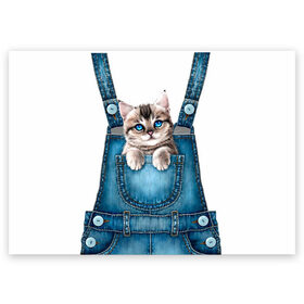 Поздравительная открытка с принтом КОТЕНОК В КАРМАНЕ в Тюмени, 100% бумага | плотность бумаги 280 г/м2, матовая, на обратной стороне линовка и место для марки
 | cat | барсик | девочкам | джинсы | карман | киса | комбинезон | костюм | кот | котенок | котик | кошка | красиво | мило | мяу | одежда
