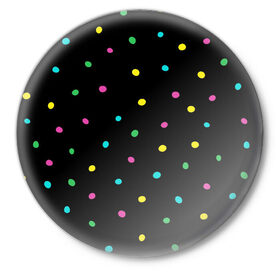 Значок с принтом Конфетти в Тюмени,  металл | круглая форма, металлическая застежка в виде булавки | веселье | конфетти | паттерн | праздник | радость | радужный | разноцветный | черный