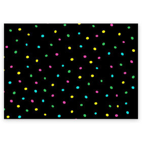 Поздравительная открытка с принтом Конфетти в Тюмени, 100% бумага | плотность бумаги 280 г/м2, матовая, на обратной стороне линовка и место для марки
 | веселье | конфетти | паттерн | праздник | радость | радужный | разноцветный | черный