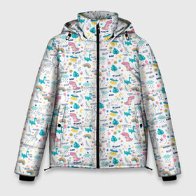 Мужская зимняя куртка 3D с принтом Мифические животные в Тюмени, верх — 100% полиэстер; подкладка — 100% полиэстер; утеплитель — 100% полиэстер | длина ниже бедра, свободный силуэт Оверсайз. Есть воротник-стойка, отстегивающийся капюшон и ветрозащитная планка. 

Боковые карманы с листочкой на кнопках и внутренний карман на молнии. | aliens | cloud | dinosaur | dragon | leaves | lohnes | rain | rainbow | ufo | unicorn | бабочка | динозавр | дождь | дракон | единорог | звезды | корона | листья | месяц | надписи | нло | облако | пришельцы | пружина | радуга | сердце