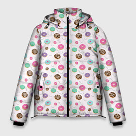 Мужская зимняя куртка 3D с принтом Сладкие пончики в Тюмени, верх — 100% полиэстер; подкладка — 100% полиэстер; утеплитель — 100% полиэстер | длина ниже бедра, свободный силуэт Оверсайз. Есть воротник-стойка, отстегивающийся капюшон и ветрозащитная планка. 

Боковые карманы с листочкой на кнопках и внутренний карман на молнии. | baking | donuts | food | sweets | выпечка | еда | полосы | пончики | сладости