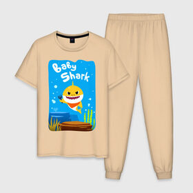 Мужская пижама хлопок с принтом Baby Shark в Тюмени, 100% хлопок | брюки и футболка прямого кроя, без карманов, на брюках мягкая резинка на поясе и по низу штанин
 | babyshark | babysharkchallenge | babysharkdance | акулёнок | детскаяпесенка | семьяакул