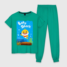 Женская пижама хлопок с принтом Baby Shark в Тюмени, 100% хлопок | брюки и футболка прямого кроя, без карманов, на брюках мягкая резинка на поясе и по низу штанин | babyshark | babysharkchallenge | babysharkdance | акулёнок | детскаяпесенка | семьяакул