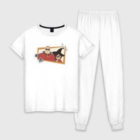 Женская пижама хлопок с принтом The Incredibles в Тюмени, 100% хлопок | брюки и футболка прямого кроя, без карманов, на брюках мягкая резинка на поясе и по низу штанин | disney | pixar | the incredibles | vdkimel | дисней | пиксар | суперсемейка