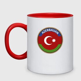 Кружка двухцветная с принтом Азербайджан в Тюмени, керамика | объем — 330 мл, диаметр — 80 мм. Цветная ручка и кайма сверху, в некоторых цветах — вся внутренняя часть | Тематика изображения на принте: azerbaijan | baku | азербайджан | баку | герб | флаг