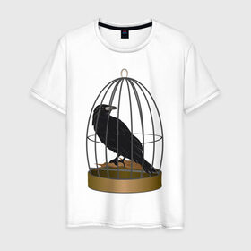 Мужская футболка хлопок с принтом Ворона в клетке в Тюмени, 100% хлопок | прямой крой, круглый вырез горловины, длина до линии бедер, слегка спущенное плечо. | Тематика изображения на принте: ворон | ворона в клетке | плица в клетке | черный