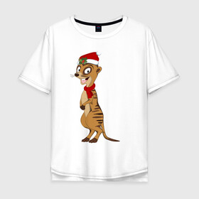 Мужская футболка хлопок Oversize с принтом Новогодний сурикат в Тюмени, 100% хлопок | свободный крой, круглый ворот, “спинка” длиннее передней части | Тематика изображения на принте: 2021 | дикая природа | животное | зверь | зима | милый | новый год | подарок | праздничный сурикат | смешной | сурикат | улыбается