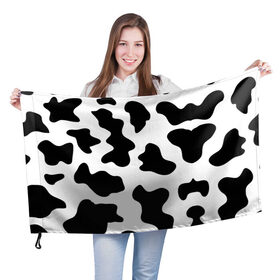 Флаг 3D с принтом Му-му в Тюмени, 100% полиэстер | плотность ткани — 95 г/м2, размер — 67 х 109 см. Принт наносится с одной стороны | абстракция | бык | кожа коровы | корова | му му | пятна | черно белое | черно белые пятна