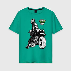 Женская футболка хлопок Oversize с принтом Kawasaki Ninja Cup в Тюмени, 100% хлопок | свободный крой, круглый ворот, спущенный рукав, длина до линии бедер
 | cup | engine | girl | helmet | motorcycle | power | двигатель | девушка | кубок | мотоцикл | мощь | шлем