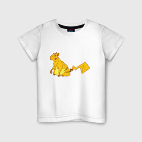 Детская футболка хлопок с принтом Пикачу в Тюмени, 100% хлопок | круглый вырез горловины, полуприлегающий силуэт, длина до линии бедер | аниме | капибара | пикачу | покемон | покемоны
