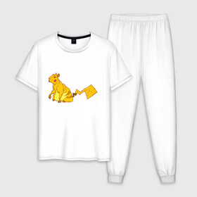 Мужская пижама хлопок с принтом Пикачу в Тюмени, 100% хлопок | брюки и футболка прямого кроя, без карманов, на брюках мягкая резинка на поясе и по низу штанин
 | аниме | капибара | пикачу | покемон | покемоны