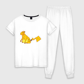 Женская пижама хлопок с принтом Пикачу в Тюмени, 100% хлопок | брюки и футболка прямого кроя, без карманов, на брюках мягкая резинка на поясе и по низу штанин | аниме | капибара | пикачу | покемон | покемоны