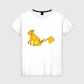 Женская футболка хлопок с принтом Пикачу в Тюмени, 100% хлопок | прямой крой, круглый вырез горловины, длина до линии бедер, слегка спущенное плечо | аниме | капибара | пикачу | покемон | покемоны