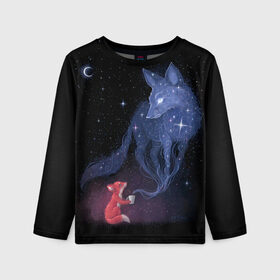 Детский лонгслив 3D с принтом Лиса и ее дух в Тюмени, 100% полиэстер | длинные рукава, круглый вырез горловины, полуприлегающий силуэт
 | fox | moon | stars | дух | звезды | лес | леса | лиса | лиса и лес | лисичка | лисичка в лесу | лисички в космосе | лисы | луна | небо | ночное небо | с лисами | темнота