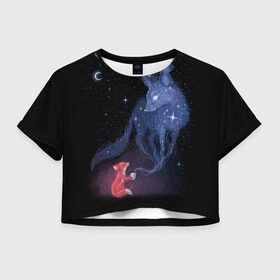 Женская футболка Crop-top 3D с принтом Лиса и ее дух в Тюмени, 100% полиэстер | круглая горловина, длина футболки до линии талии, рукава с отворотами | fox | moon | stars | дух | звезды | лес | леса | лиса | лиса и лес | лисичка | лисичка в лесу | лисички в космосе | лисы | луна | небо | ночное небо | с лисами | темнота