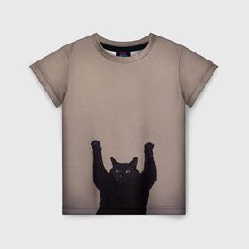 Детская футболка 3D с принтом Кот сдается в Тюмени, 100% гипоаллергенный полиэфир | прямой крой, круглый вырез горловины, длина до линии бедер, чуть спущенное плечо, ткань немного тянется | Тематика изображения на принте: cat | арест | испуг | кот | руки вверх | черный кот