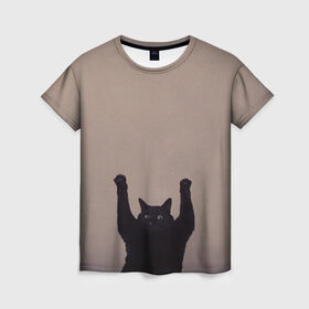 Женская футболка 3D с принтом Кот сдается в Тюмени, 100% полиэфир ( синтетическое хлопкоподобное полотно) | прямой крой, круглый вырез горловины, длина до линии бедер | cat | арест | испуг | кот | руки вверх | черный кот