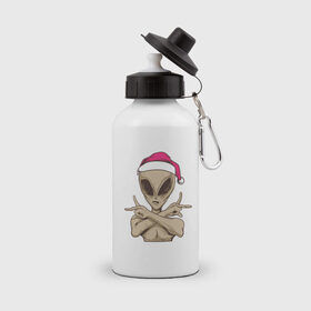 Бутылка спортивная с принтом Alien Santa в Тюмени, металл | емкость — 500 мл, в комплекте две пластиковые крышки и карабин для крепления | Тематика изображения на принте: 