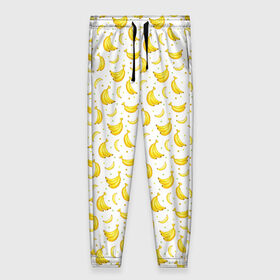 Женские брюки 3D с принтом Банановый рай в Тюмени, полиэстер 100% | прямой крой, два кармана без застежек по бокам, с мягкой трикотажной резинкой на поясе и по низу штанин. В поясе для дополнительного комфорта — широкие завязки | bananas | circle | fruit | pattern | бананы | кружок | узор | фрукт