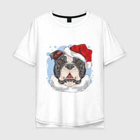 Мужская футболка хлопок Oversize с принтом Собачий Санта в Тюмени, 100% хлопок | свободный крой, круглый ворот, “спинка” длиннее передней части | 