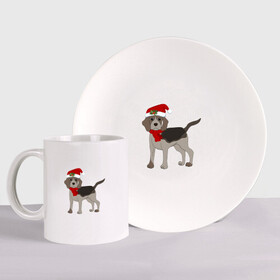 Набор: тарелка + кружка с принтом Новогодний Бигль в Тюмени, керамика | Кружка: объем — 330 мл, диаметр — 80 мм. Принт наносится на бока кружки, можно сделать два разных изображения. 
Тарелка: диаметр - 210 мм, диаметр для нанесения принта - 120 мм. | 2021 | бигль | зима | зимняя собака | милый | нарядная собака | новогодний щенок | новый год | подарок | собака | собака в шапке | шарф | щенок | щенок с шарфом