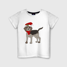 Детская футболка хлопок с принтом Новогодний Бигль в Тюмени, 100% хлопок | круглый вырез горловины, полуприлегающий силуэт, длина до линии бедер | Тематика изображения на принте: 2021 | бигль | зима | зимняя собака | милый | нарядная собака | новогодний щенок | новый год | подарок | собака | собака в шапке | шарф | щенок | щенок с шарфом