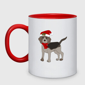 Кружка двухцветная с принтом Новогодний Бигль в Тюмени, керамика | объем — 330 мл, диаметр — 80 мм. Цветная ручка и кайма сверху, в некоторых цветах — вся внутренняя часть | Тематика изображения на принте: 2021 | бигль | зима | зимняя собака | милый | нарядная собака | новогодний щенок | новый год | подарок | собака | собака в шапке | шарф | щенок | щенок с шарфом