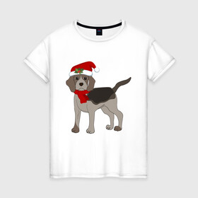 Женская футболка хлопок с принтом Новогодний Бигль в Тюмени, 100% хлопок | прямой крой, круглый вырез горловины, длина до линии бедер, слегка спущенное плечо | 2021 | бигль | зима | зимняя собака | милый | нарядная собака | новогодний щенок | новый год | подарок | собака | собака в шапке | шарф | щенок | щенок с шарфом
