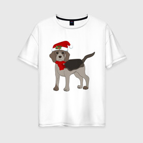 Женская футболка хлопок Oversize с принтом Новогодний Бигль в Тюмени, 100% хлопок | свободный крой, круглый ворот, спущенный рукав, длина до линии бедер
 | 2021 | бигль | зима | зимняя собака | милый | нарядная собака | новогодний щенок | новый год | подарок | собака | собака в шапке | шарф | щенок | щенок с шарфом
