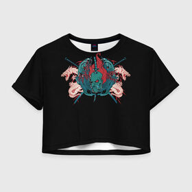 Женская футболка Crop-top 3D с принтом Катаны и дьявол в Тюмени, 100% полиэстер | круглая горловина, длина футболки до линии талии, рукава с отворотами | дьявол | катаны | холодное оружие | япония | японские драконы | японский меч.