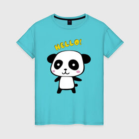 Женская футболка хлопок с принтом Милая пандочка в Тюмени, 100% хлопок | прямой крой, круглый вырез горловины, длина до линии бедер, слегка спущенное плечо | маленькая панда | маленькая пандочка | милашка | милая панда | милая пандочка | панда | панда hello | панда милашка | пандочка | пандочка hello | пандочка милашка