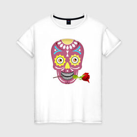 Женская футболка хлопок с принтом Череп с розой в Тюмени, 100% хлопок | прямой крой, круглый вырез горловины, длина до линии бедер, слегка спущенное плечо | Тематика изображения на принте: деньмертвых | зубы | мексика | роза | скелет | хэллоуин | цветок | череп
