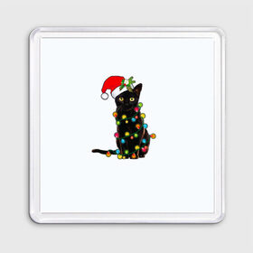 Магнит 55*55 с принтом Новогодний кот в Тюмени, Пластик | Размер: 65*65 мм; Размер печати: 55*55 мм | 2021 | белка | гирлянда | год быка | дед мороз | елка | енот | кот | котик | лиса | маска | неон | новогодний кот | новогодняя | новый год | олень | праздник | радуга | рождество | с новым годом | санта