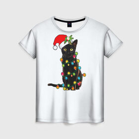 Женская футболка 3D с принтом Новогодний кот в Тюмени, 100% полиэфир ( синтетическое хлопкоподобное полотно) | прямой крой, круглый вырез горловины, длина до линии бедер | 2021 | белка | гирлянда | год быка | дед мороз | елка | енот | кот | котик | лиса | маска | неон | новогодний кот | новогодняя | новый год | олень | праздник | радуга | рождество | с новым годом | санта