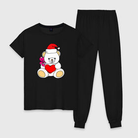 Женская пижама хлопок с принтом Новогодний мишка в Тюмени, 100% хлопок | брюки и футболка прямого кроя, без карманов, на брюках мягкая резинка на поясе и по низу штанин | bear | christmas | merry | new year | teddy | winter | елка | зима | зимний | игрушка | колпак | люблю | малыш | медведь | медвежата | медвежонок | новогодний | новый год | плюшевый | подарок | рождество | санта | сердце | снег