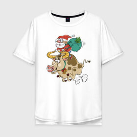 Мужская футболка хлопок Oversize с принтом Санта на олене в Тюмени, 100% хлопок | свободный крой, круглый ворот, “спинка” длиннее передней части | Тематика изображения на принте: 