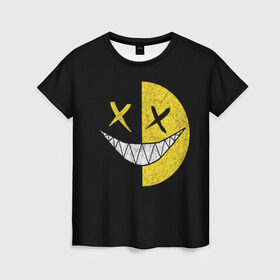 Женская футболка 3D с принтом SMILE в Тюмени, 100% полиэфир ( синтетическое хлопкоподобное полотно) | прямой крой, круглый вырез горловины, длина до линии бедер | глаза крестики | злой смайл | зубы | контраст | смайл | эмоция