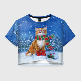 Женская футболка Crop-top 3D с принтом Cat New Year в Тюмени, 100% полиэстер | круглая горловина, длина футболки до линии талии, рукава с отворотами | 2021 | santa | белка | гирлянда | год быка | дед мороз | елка | енот | зверь | кот | котейка | котик | кошак | лиса | мальчик | маска | неон | новогодняя | новый год | олень | пингвин | праздник | радуга | ребенку