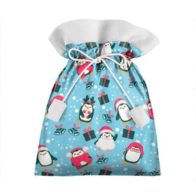 Подарочный 3D мешок с принтом Новогодние Пингвины в Тюмени, 100% полиэстер | Размер: 29*39 см | 2021 | белка | гирлянда | год быка | дед мороз | детская | дочка | елка | енот | кот | котик | лиса | маска | милая | неон | новогодняя | новый год | олень | паттерн | пингвин | подарок | праздник | радуга