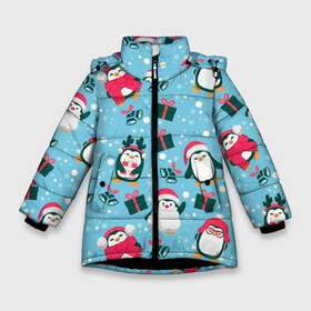 Зимняя куртка для девочек 3D с принтом Новогодние Пингвины в Тюмени, ткань верха — 100% полиэстер; подклад — 100% полиэстер, утеплитель — 100% полиэстер. | длина ниже бедра, удлиненная спинка, воротник стойка и отстегивающийся капюшон. Есть боковые карманы с листочкой на кнопках, утяжки по низу изделия и внутренний карман на молнии. 

Предусмотрены светоотражающий принт на спинке, радужный светоотражающий элемент на пуллере молнии и на резинке для утяжки. | Тематика изображения на принте: 2021 | белка | гирлянда | год быка | дед мороз | детская | дочка | елка | енот | кот | котик | лиса | маска | милая | неон | новогодняя | новый год | олень | паттерн | пингвин | подарок | праздник | радуга