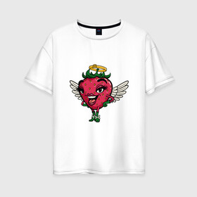 Женская футболка хлопок Oversize с принтом Ангельская клубника в Тюмени, 100% хлопок | свободный крой, круглый ворот, спущенный рукав, длина до линии бедер
 | ангел | арт | белые крылья | клубника | крылья | рисунок | супер | супер герой | супер персонаж