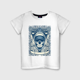 Детская футболка хлопок с принтом Пиратская картина в Тюмени, 100% хлопок | круглый вырез горловины, полуприлегающий силуэт, длина до линии бедер | арт | вектор | гот | готический рисунок | готическое | перо | перья | пират | пиратская картина | повязка | рисунок | синий | череп