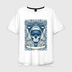 Мужская футболка хлопок Oversize с принтом Пиратская картина в Тюмени, 100% хлопок | свободный крой, круглый ворот, “спинка” длиннее передней части | Тематика изображения на принте: арт | вектор | гот | готический рисунок | готическое | перо | перья | пират | пиратская картина | повязка | рисунок | синий | череп