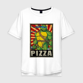 Мужская футболка хлопок Oversize с принтом Pizza Turtles в Тюмени, 100% хлопок | свободный крой, круглый ворот, “спинка” длиннее передней части | Тематика изображения на принте: donatello | leonardo | michelangelo | ninja | raphael | turtles | воин | донателло | животные | карате | комикс | комиксы | крэнг | леонардо | микеланджело | мультфильм | мутант | мутанты | ниндзя | пицца | рафаэль | сплинтер