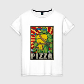 Женская футболка хлопок с принтом Pizza Turtles в Тюмени, 100% хлопок | прямой крой, круглый вырез горловины, длина до линии бедер, слегка спущенное плечо | donatello | leonardo | michelangelo | ninja | raphael | turtles | воин | донателло | животные | карате | комикс | комиксы | крэнг | леонардо | микеланджело | мультфильм | мутант | мутанты | ниндзя | пицца | рафаэль | сплинтер